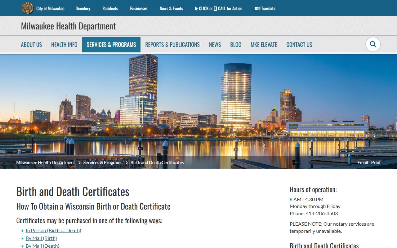 Milwaukee Birth Records at the City of Milwaukee Health Department