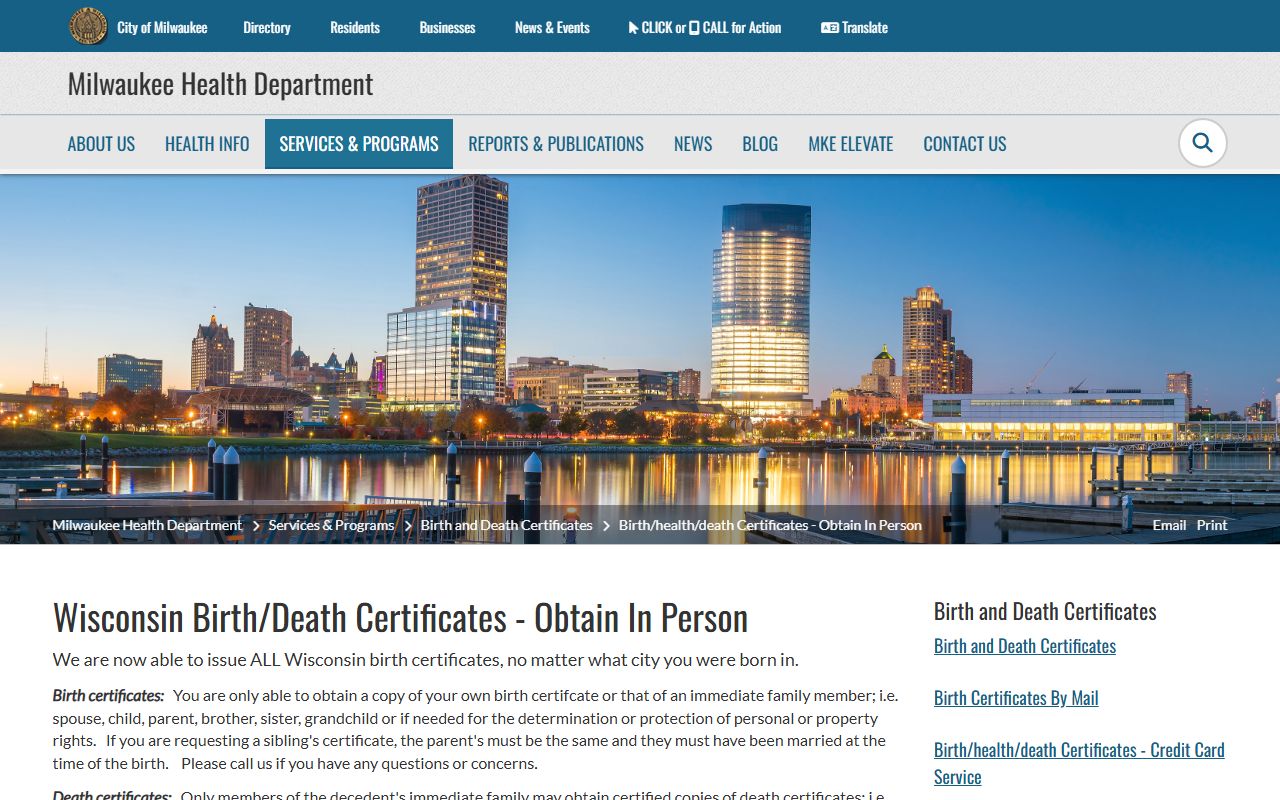 Milwaukee Birth Records on the City of Milwaukee in-person vital records page