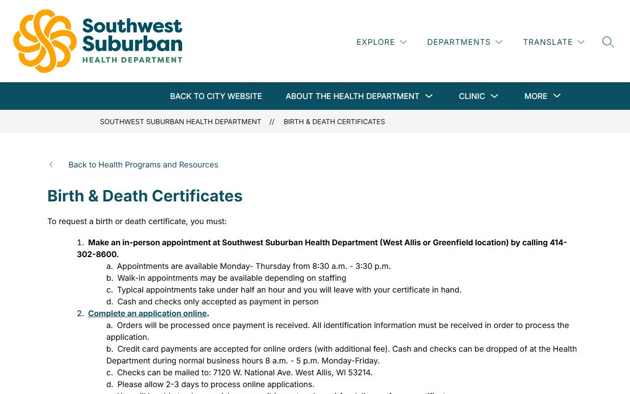 West Allis Birth Records city health certificates page