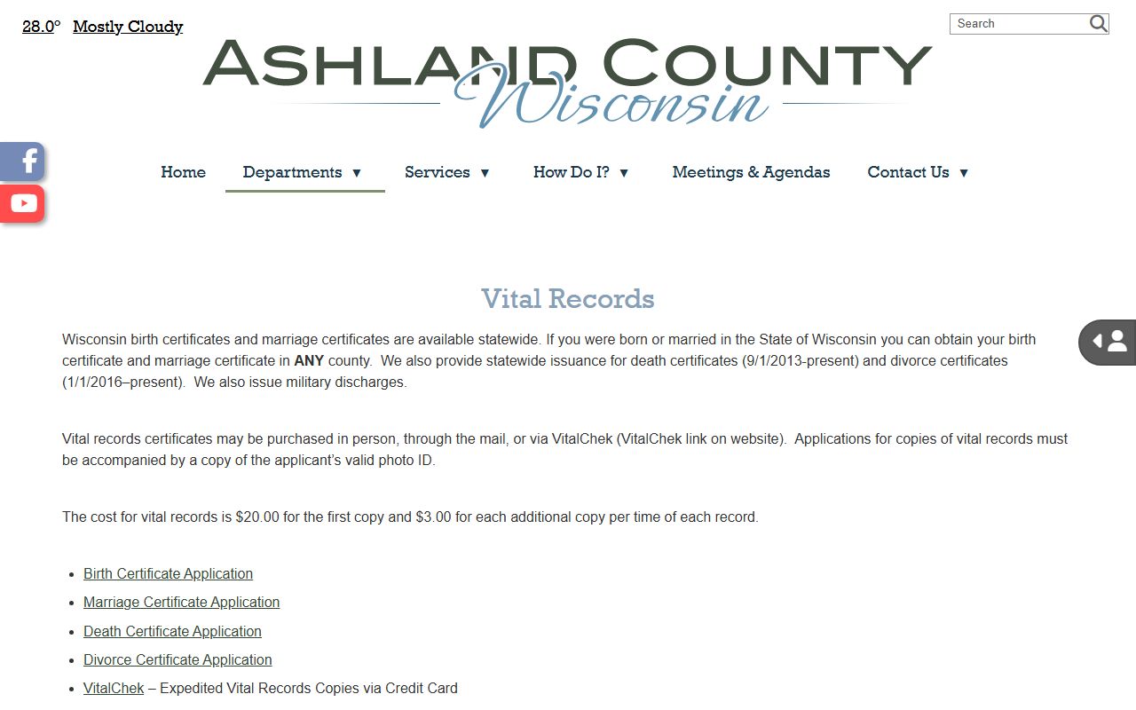 Ashland County Birth Records Register of Deeds office