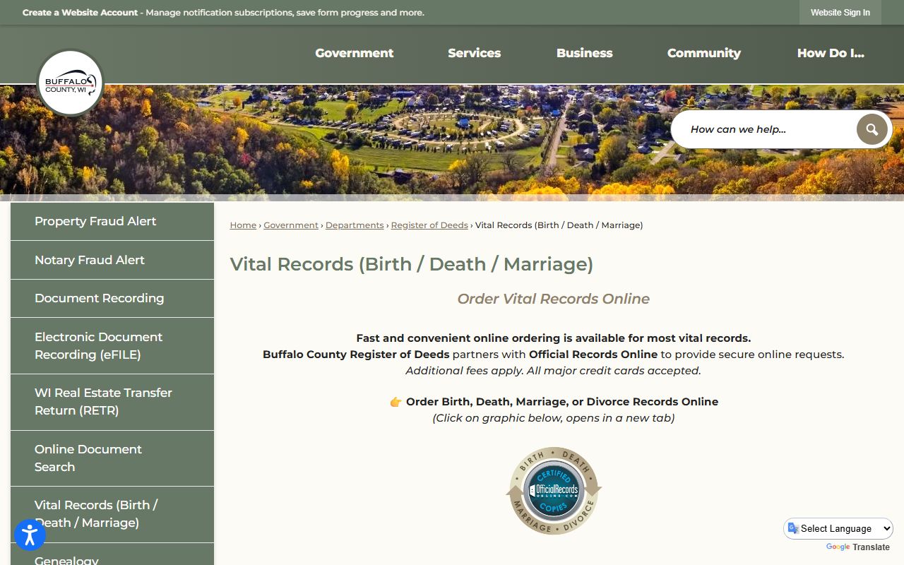 Buffalo County Birth Records vital records page