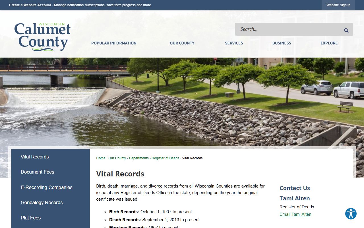 Calumet County Birth Records vital records page