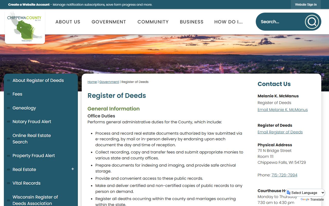 Chippewa County Birth Records Register of Deeds page