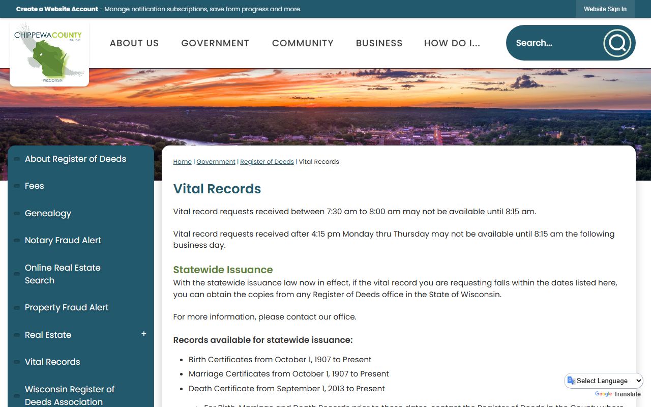 Chippewa County Birth Records vital records page
