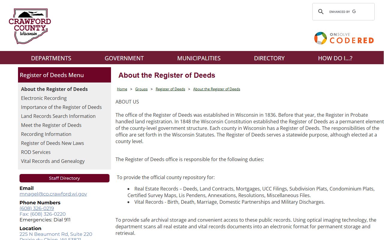 Crawford County Birth Records Register of Deeds office