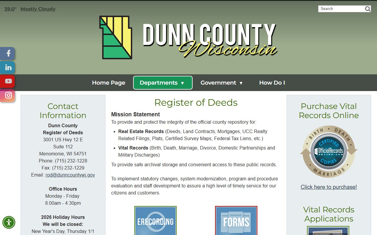 Dunn County Birth Records Register of Deeds office