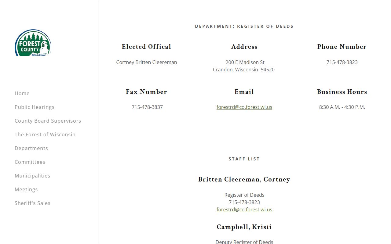 Forest County Birth Records Register of Deeds office