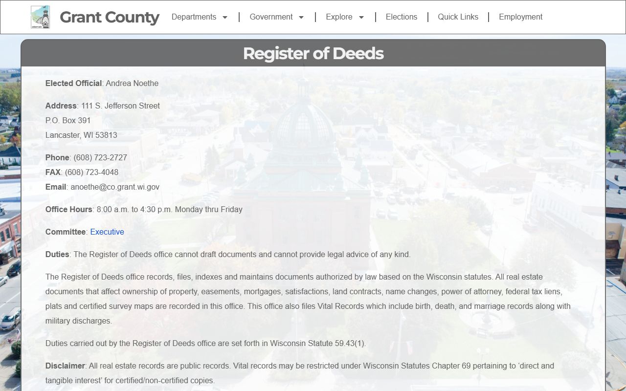 Grant County Birth Records Register of Deeds office