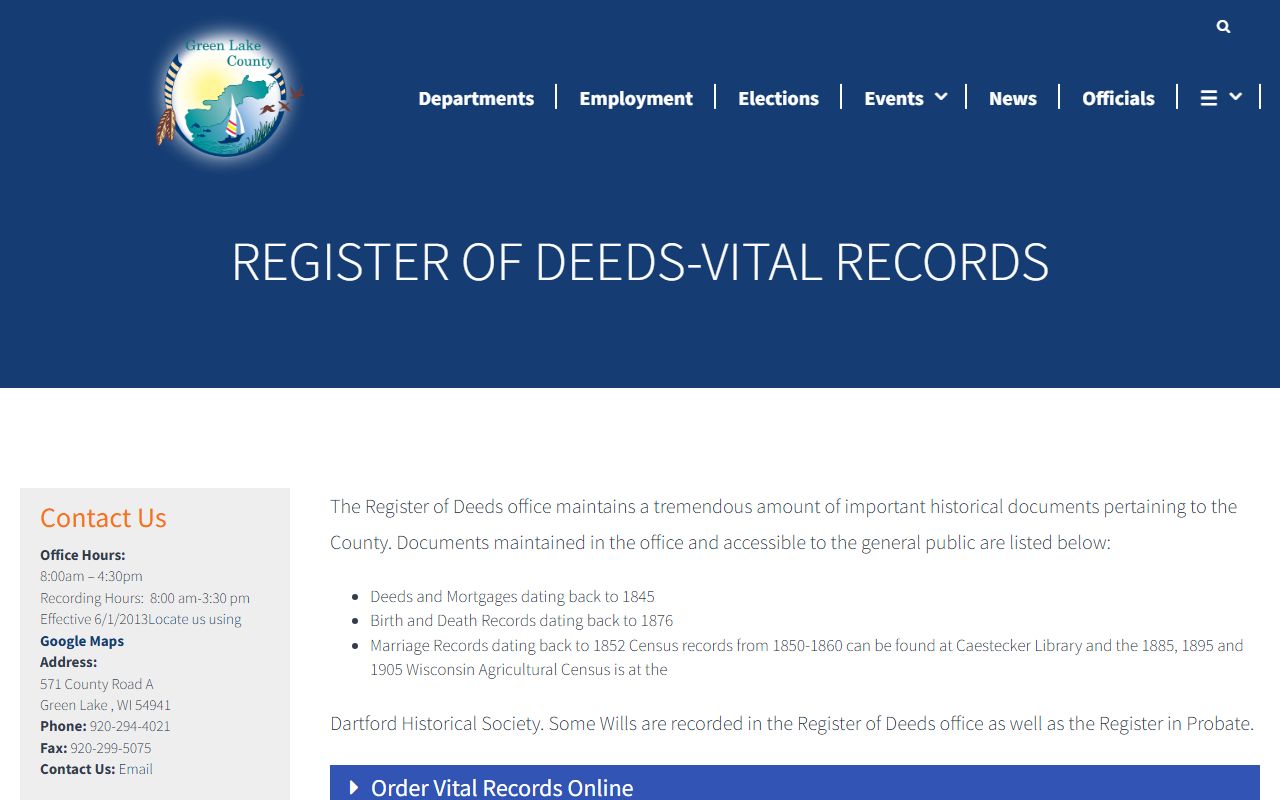 Green Lake County Birth Records Register of Deeds office