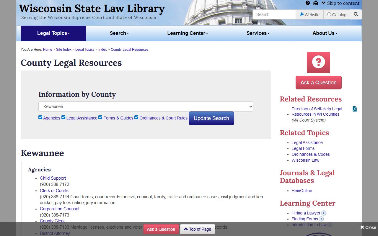 Kewaunee County Birth Records Wisconsin State Law Library page