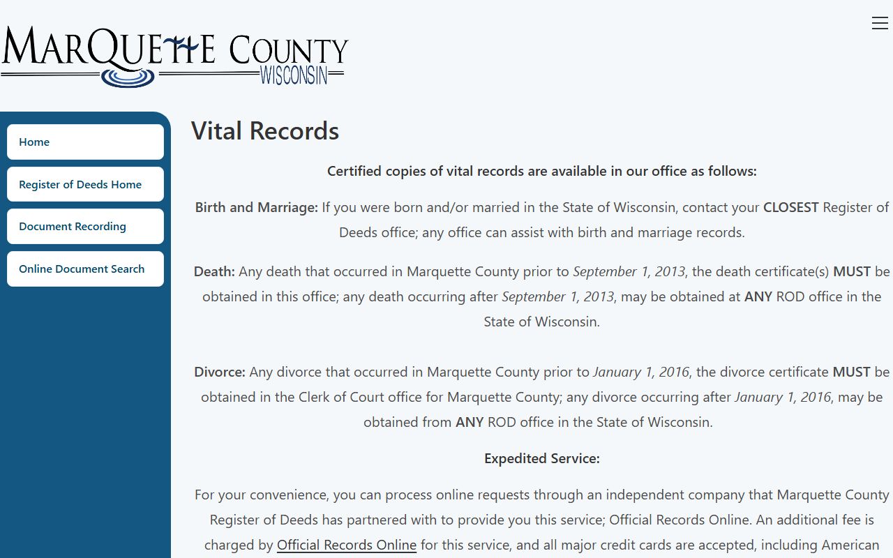 Marquette County Birth Records vital records page