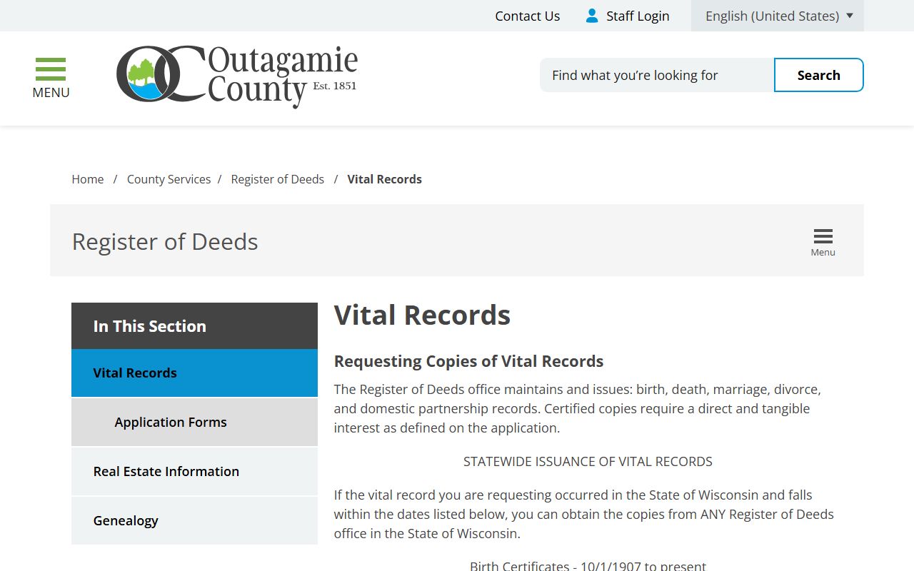 Outagamie County Birth Records vital records page