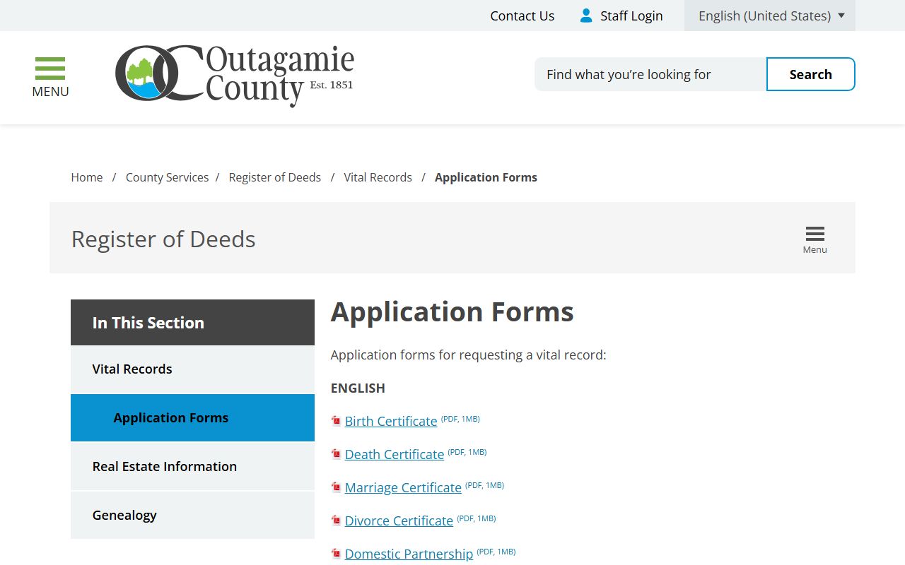Outagamie County Birth Records application forms page