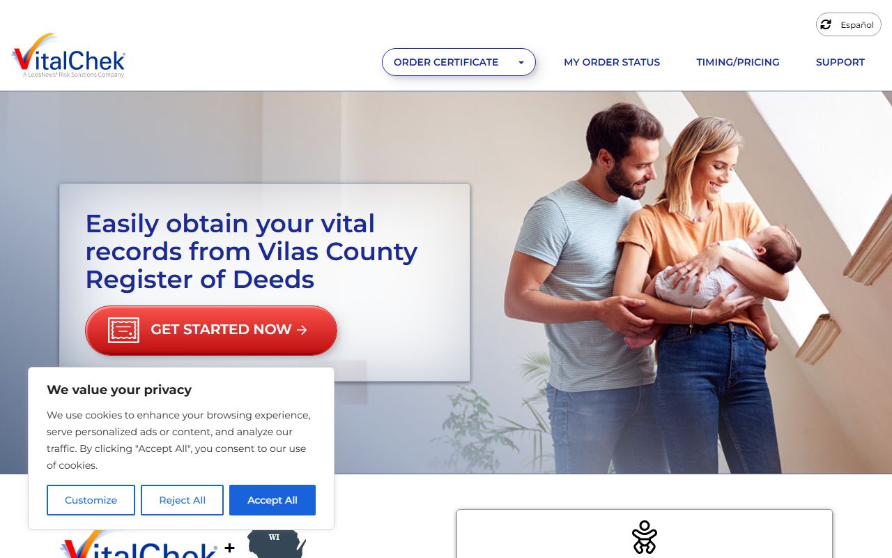 Vilas County Birth Records VitalChek page