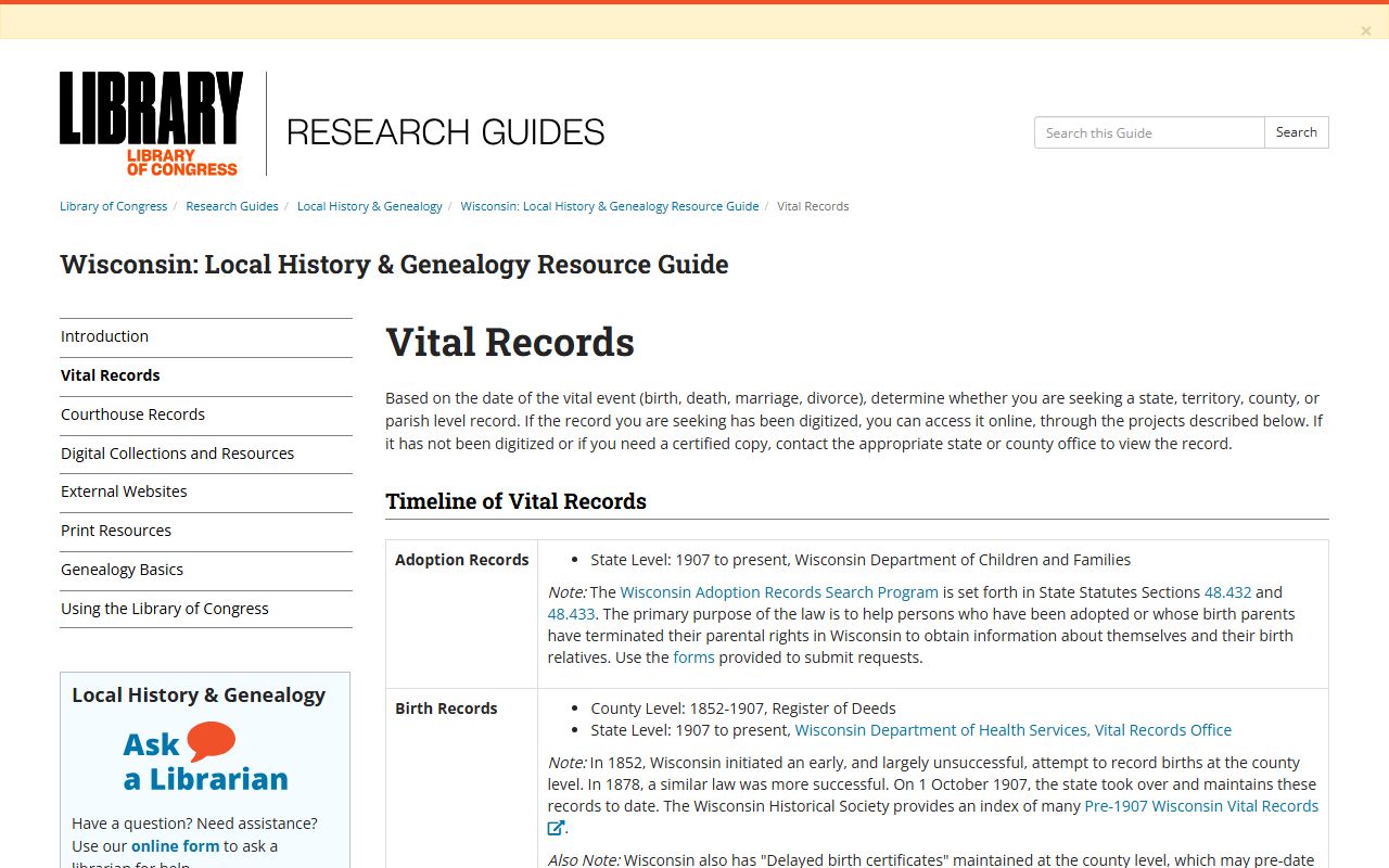 Wisconsin Birth Records Library of Congress guide