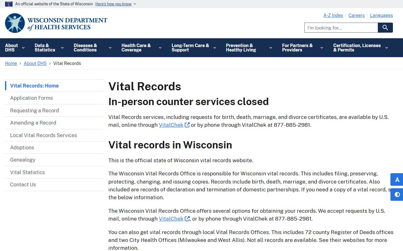 Wisconsin Birth Records Wisconsin DHS main page