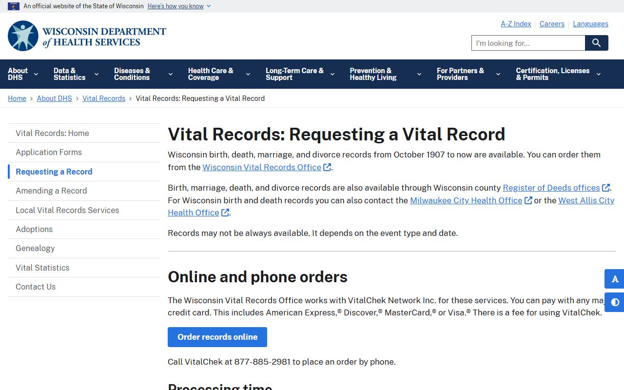 Wisconsin Birth Records Wisconsin DHS request page