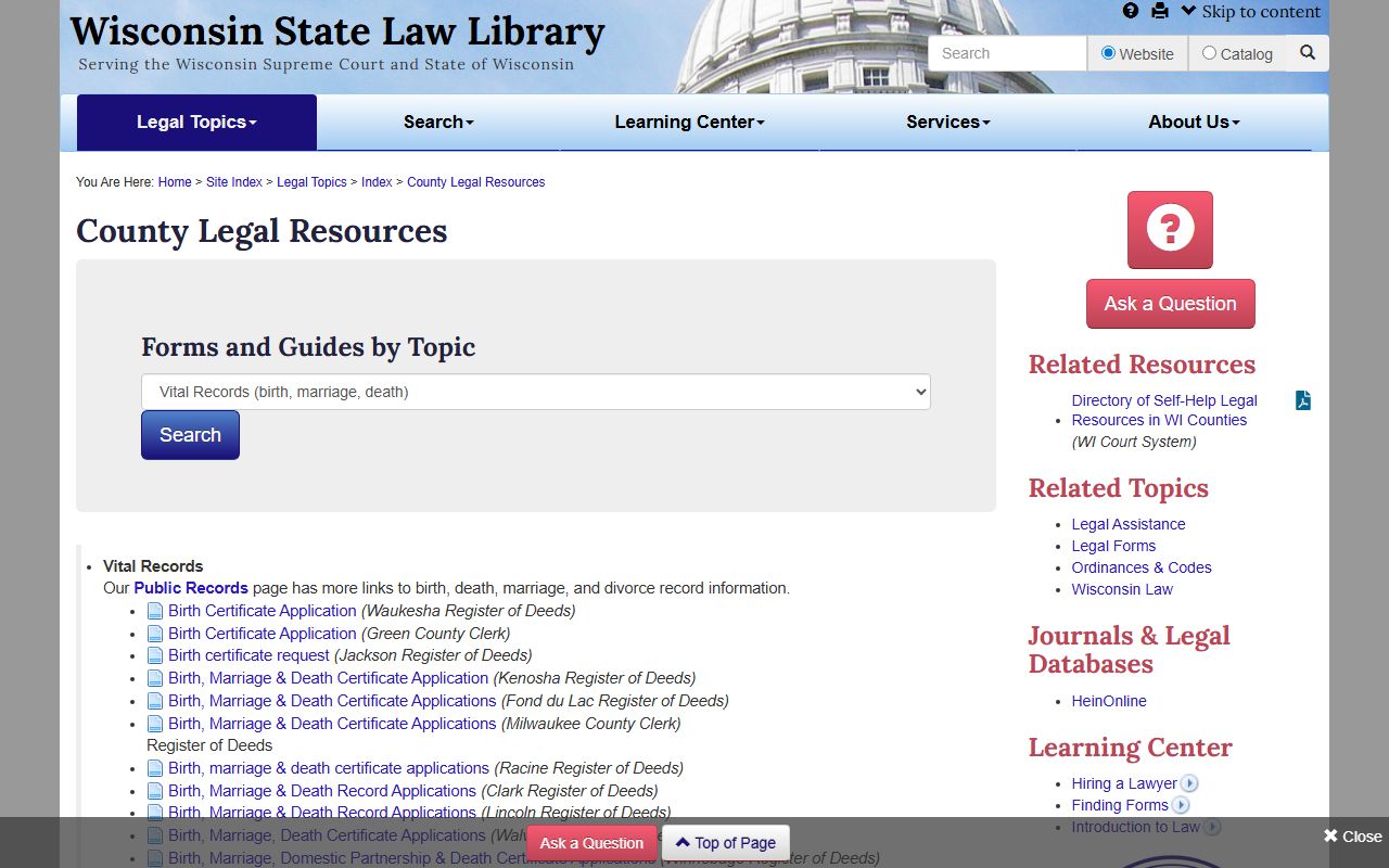 Wisconsin Birth Records Wisconsin State Law Library directory